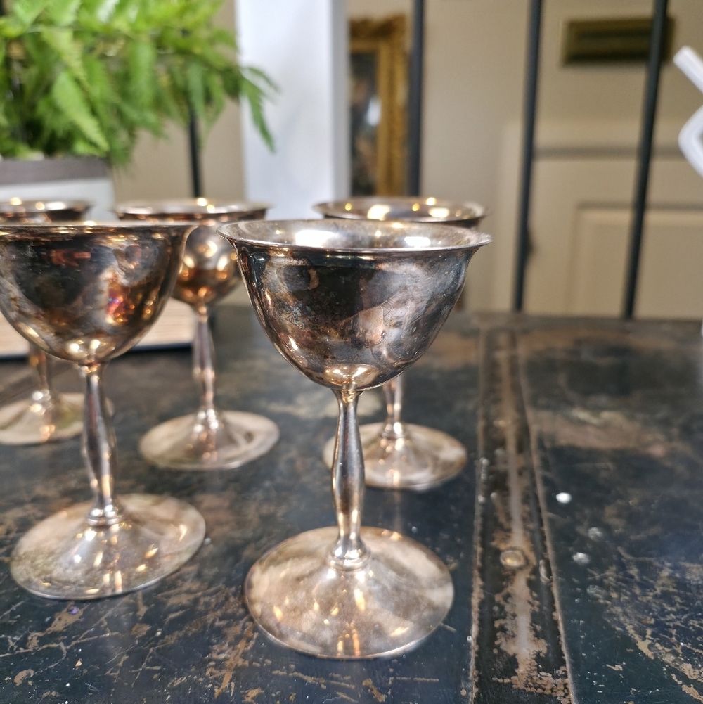 ​Set of 6 Vintage Birks Primrose Plate Silver Cordial Goblets Gold Wash Interior - Picture 6 of 14